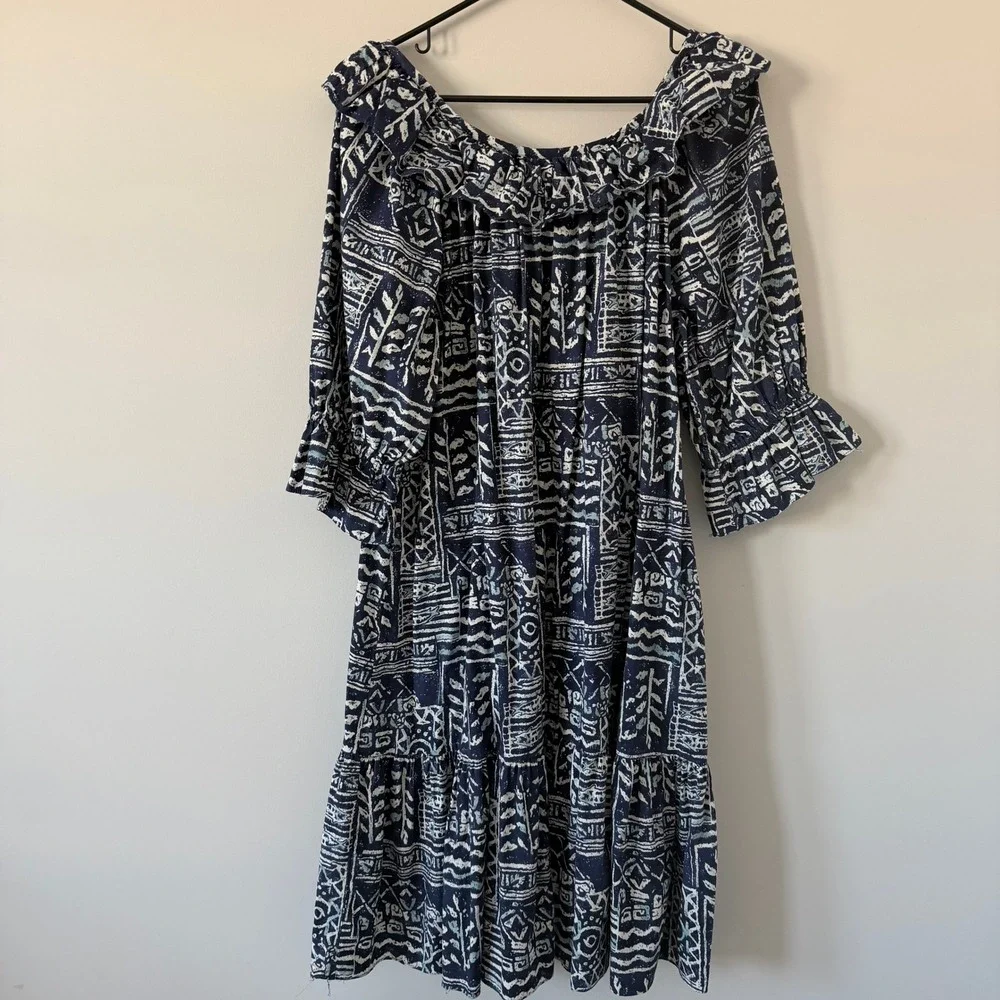 Hilo Hattie Vintage Made‎ in Hawaii Muumuu Dress Blue Tribal Ruffle Midi L NICE